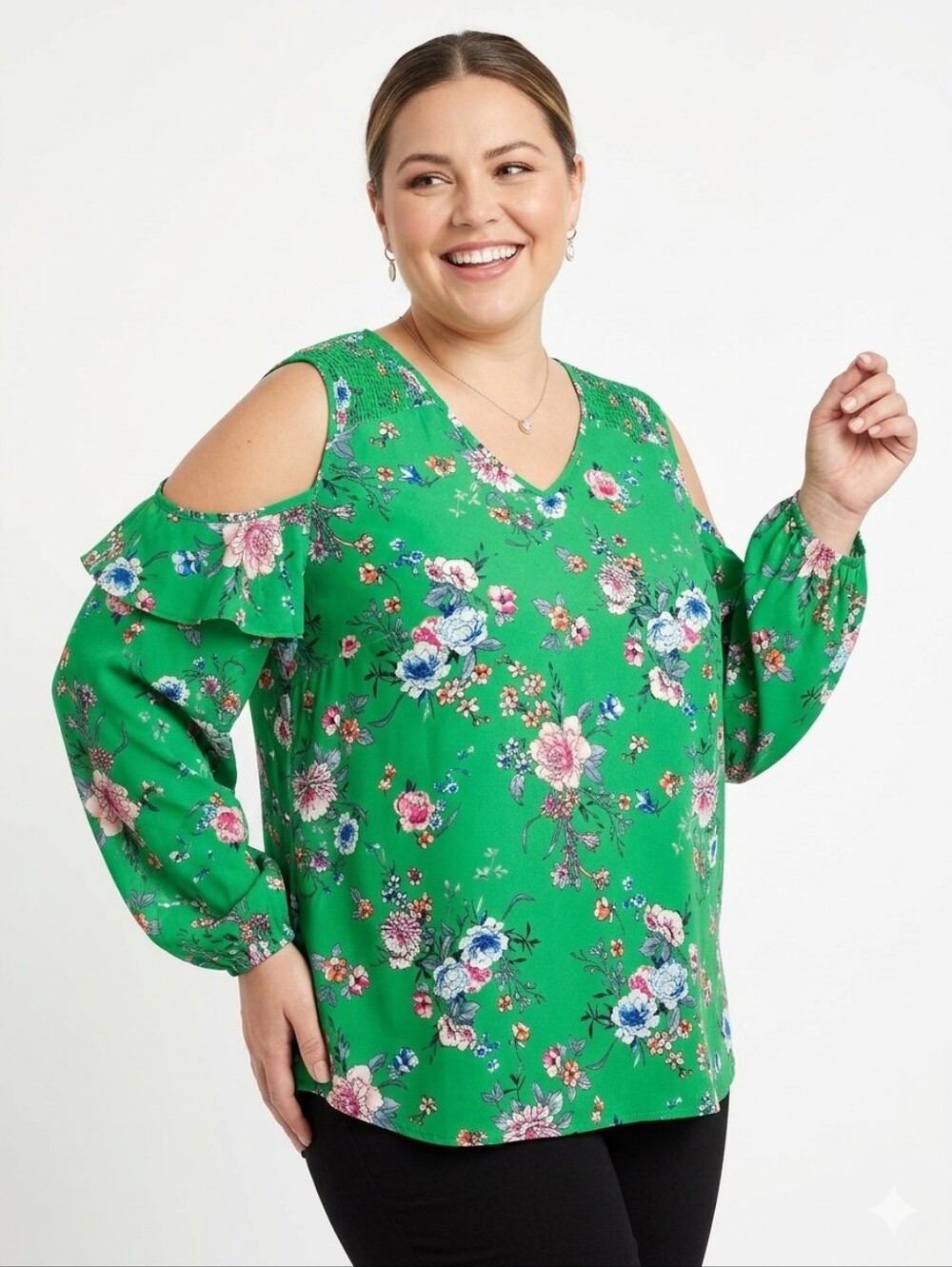 Roz & Ali Plus Size Green Floral Cold-Shoulder V-Neck Top